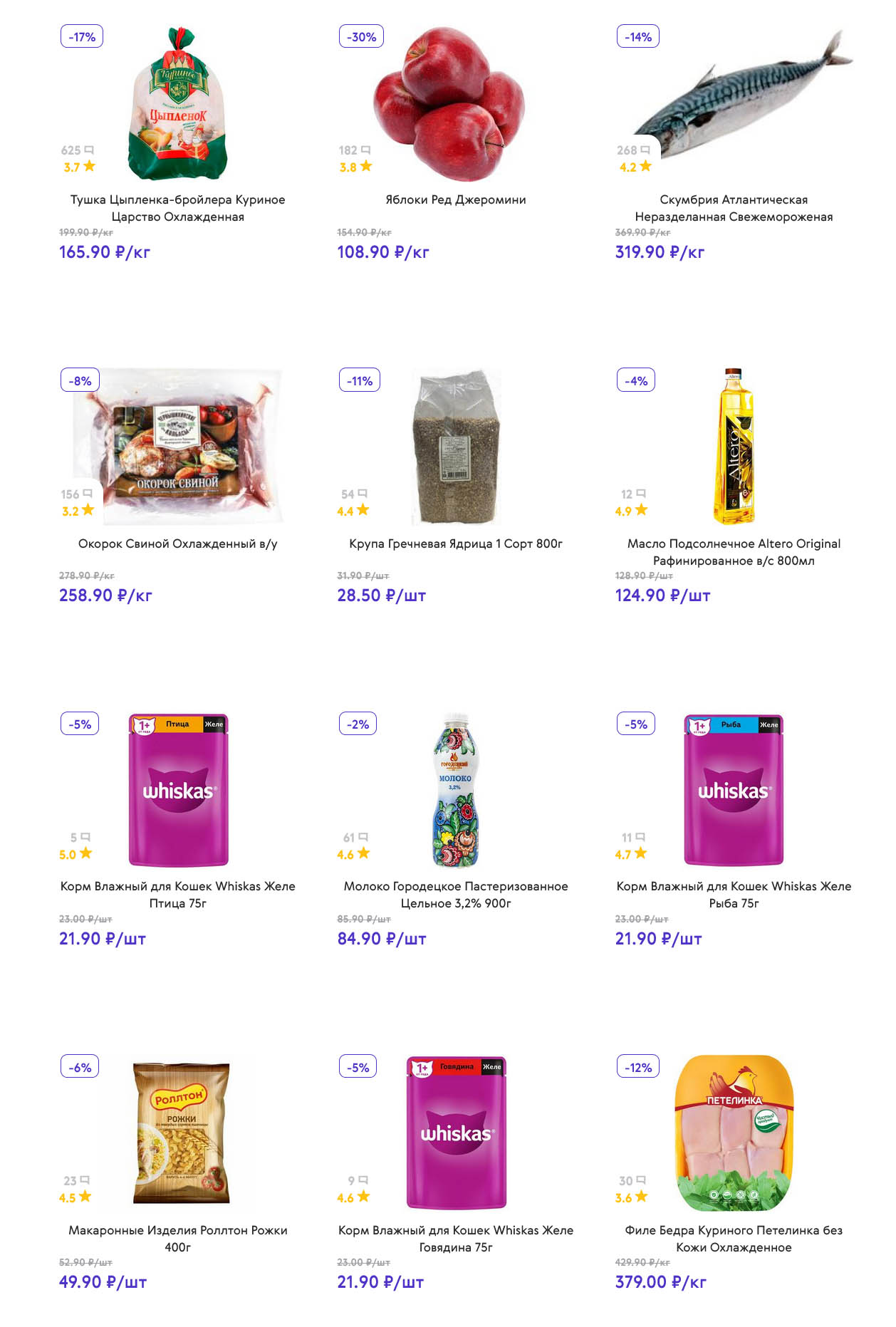 Тушка цыпленка – 165 ₽/кг, окорок свиной – 258 ₽/кг, крупа гречневая – 28 ₽, скумбрия – 319 ₽/кг, масло подсолнечное – 124 ₽, корм Whiskas – 21 ₽